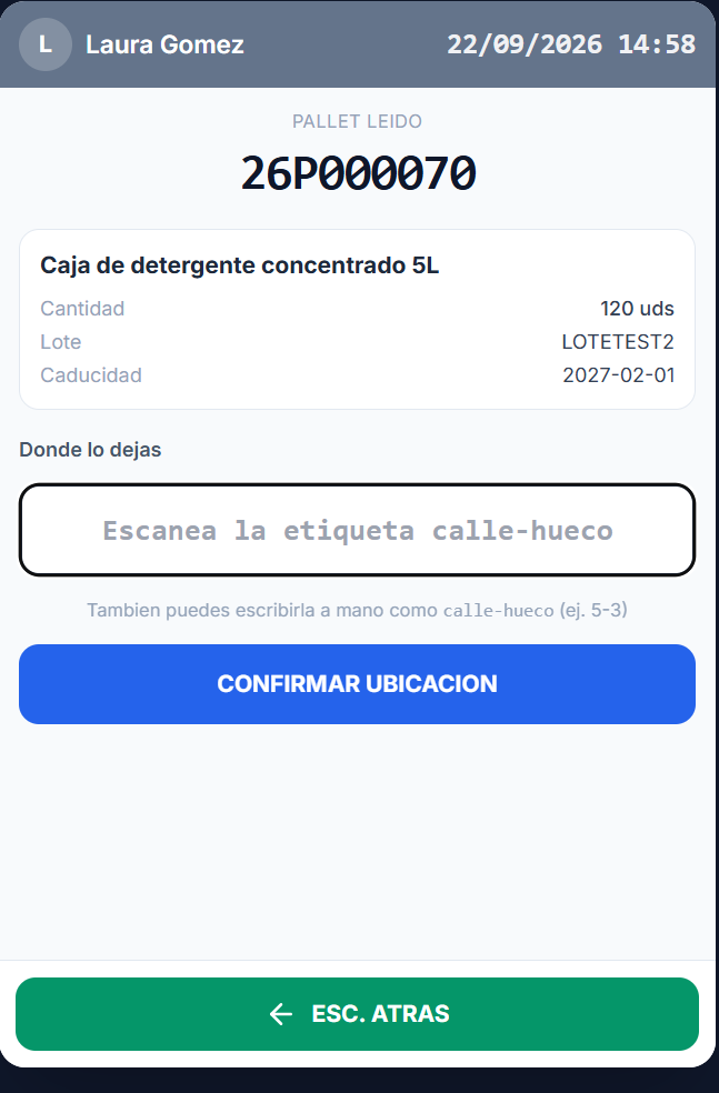 Pantalla de confirmar ubicación de un pallet