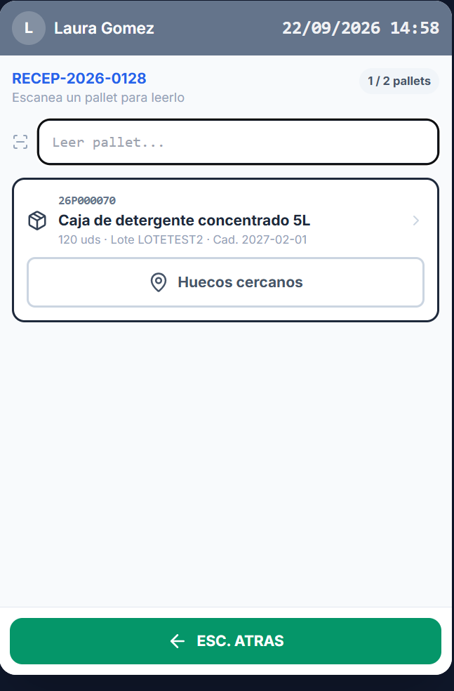 Pantalla de lectura de pallet pendiente en una recepción